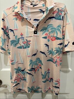 Bad Birdie Pale Pink Tropical Print Polo with Teal & Navy Accents